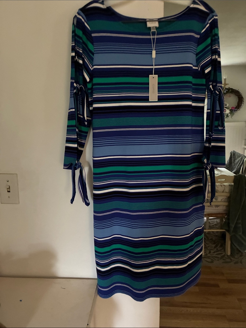 Cupio Blue & Green Striped Midi Dress with Tie  Sleeves NWT